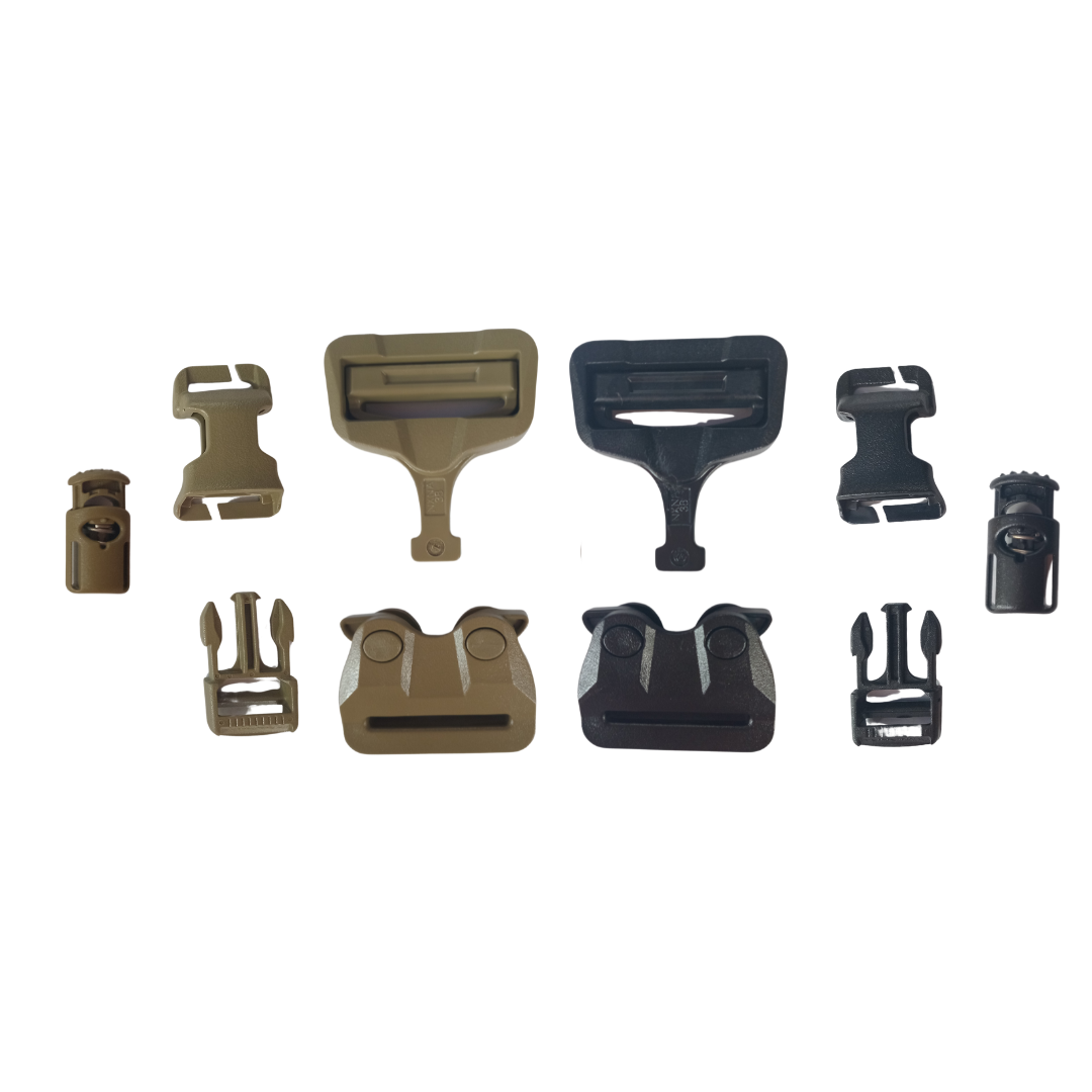 Plastic clips, fasters, sliders and toggles