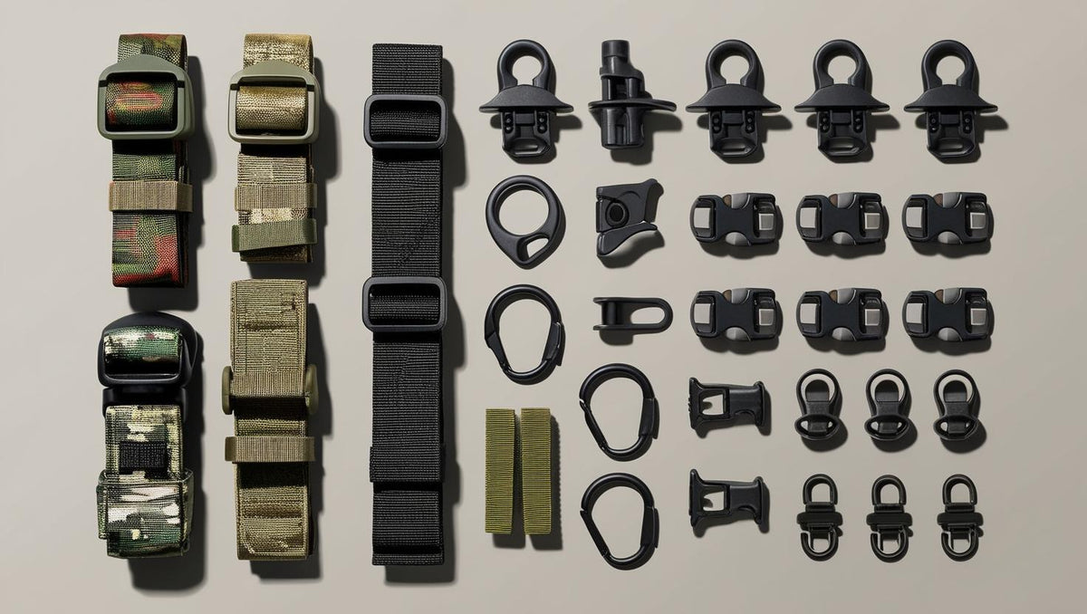 Collection of buckles, webbing and tactical hardware components